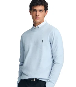 Pack van twee herentruien van wolmix in marineblauw en lichtblauw met geborduurd Rigby Go-logo