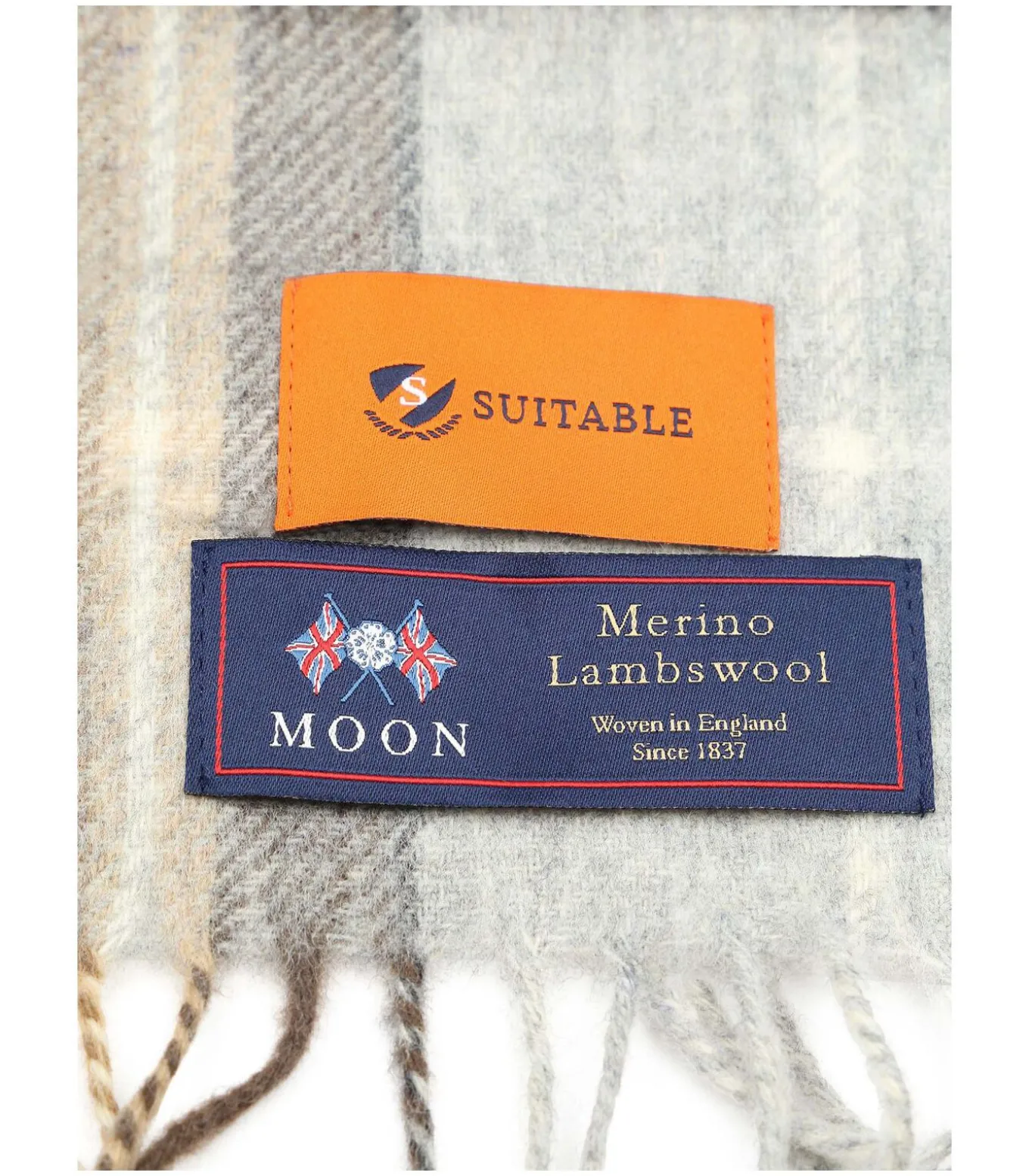 Sjaal Ruit Merino Wol Beige Blauw