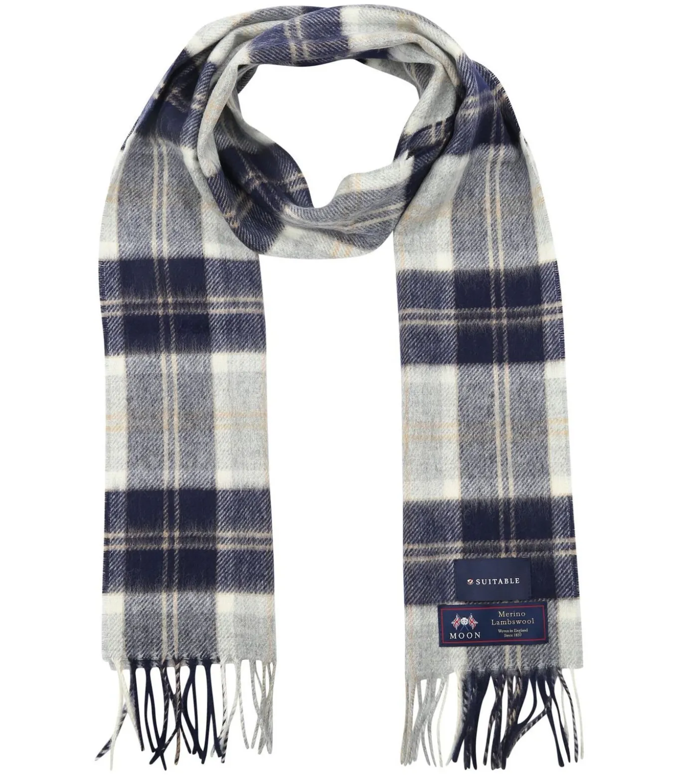 Sjaal Ruit Merino Wol Blauw Grijs