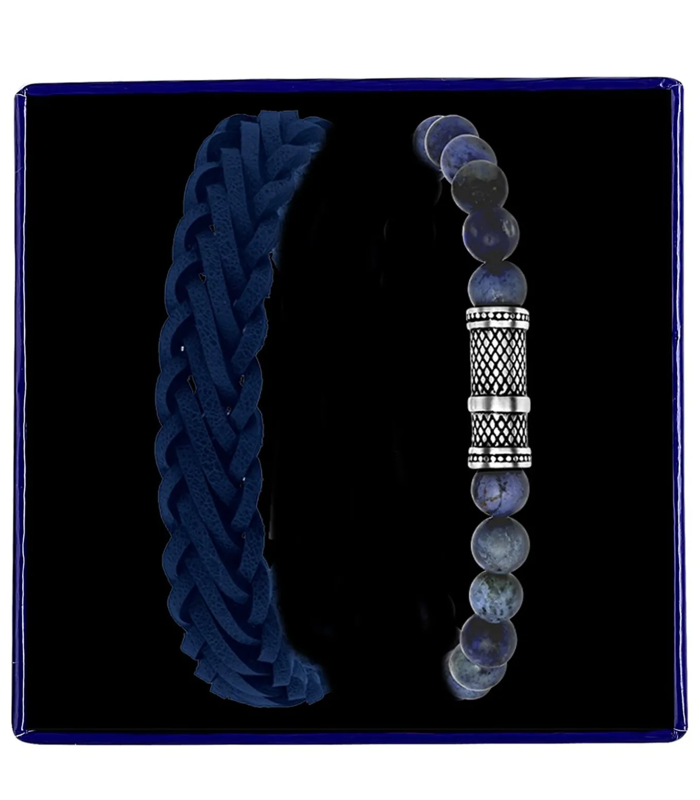 Stalen set met licht blauw leer&dumortierite