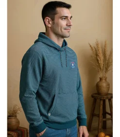 Turquoise heren T-shirt met lange mouwen en kangoeroezak