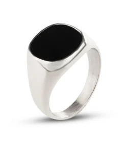 Zegelring Heren met Zwarte Steen - Zilver Kleurig - Staal