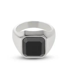 Zegelring Heren met Zwarte Steen - Zilver Kleurig - Staal