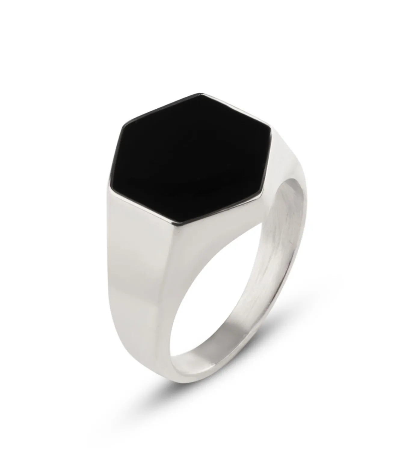 Zegelring Heren met Zwarte Steen - Zeshoekig - Zilver Kleurig - Staal