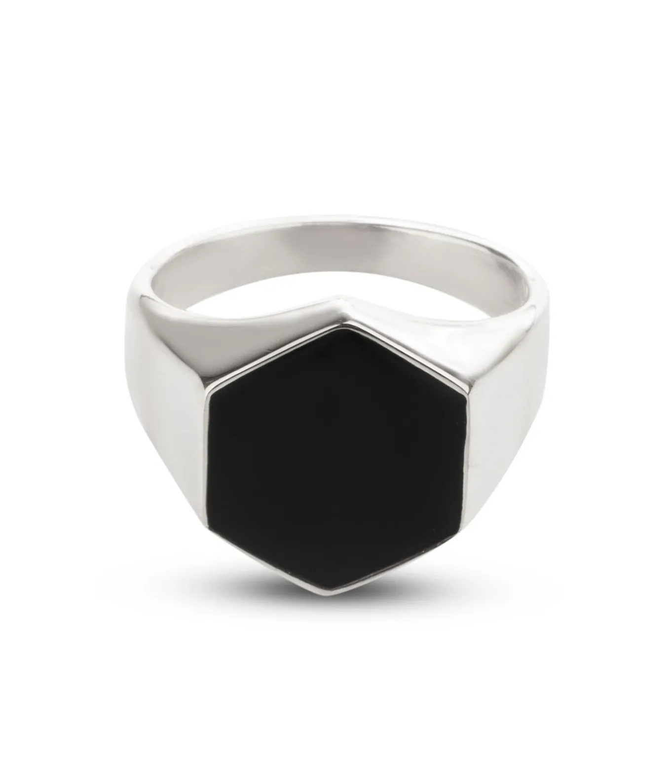 Zegelring Heren met Zwarte Steen - Zeshoekig - Zilver Kleurig - Staal
