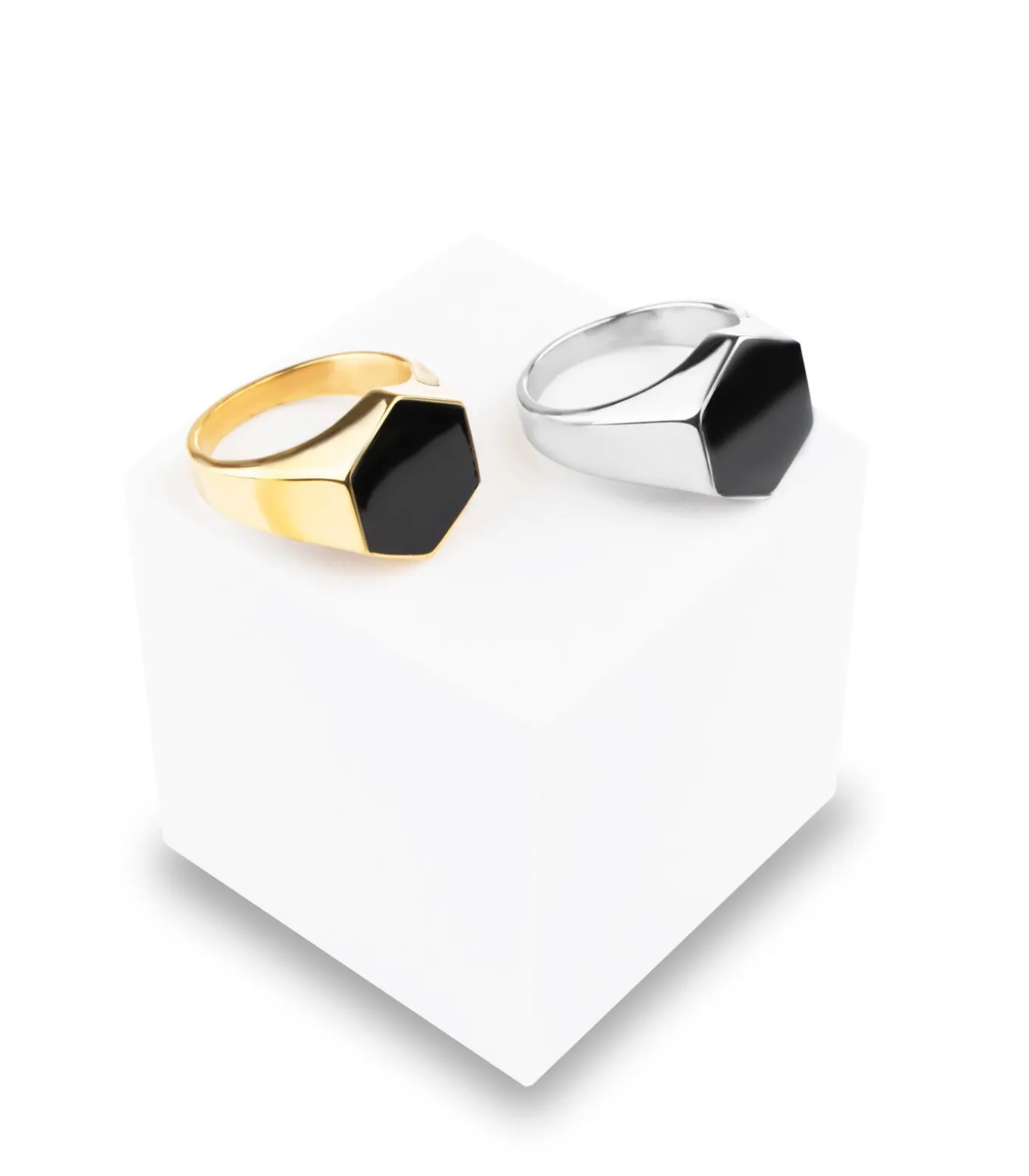 Zegelring Heren met Zwarte Steen - Zeshoekig - Zilver Kleurig - Staal