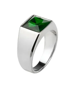 Zegelring Heren Zilver Kleurig met Groene Steen - Staal